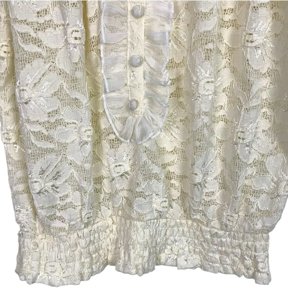 AMERICAN RAG Women L Ivory Floral Lace Sequin Trim Peasant Smocked Top - Picture 4 of 10